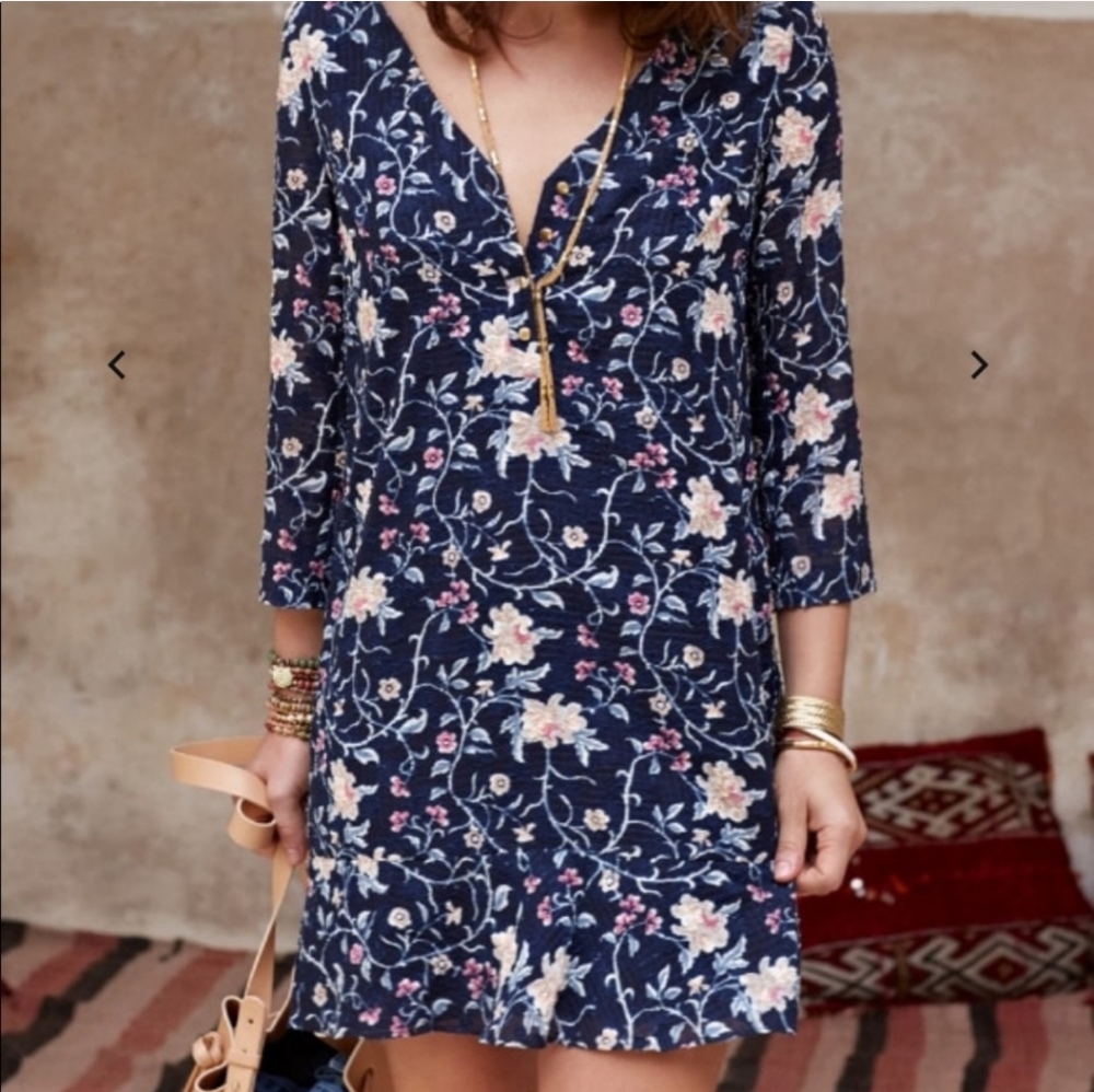 Sezane Bell Dress - Navy with Nude Flowers - Size 38